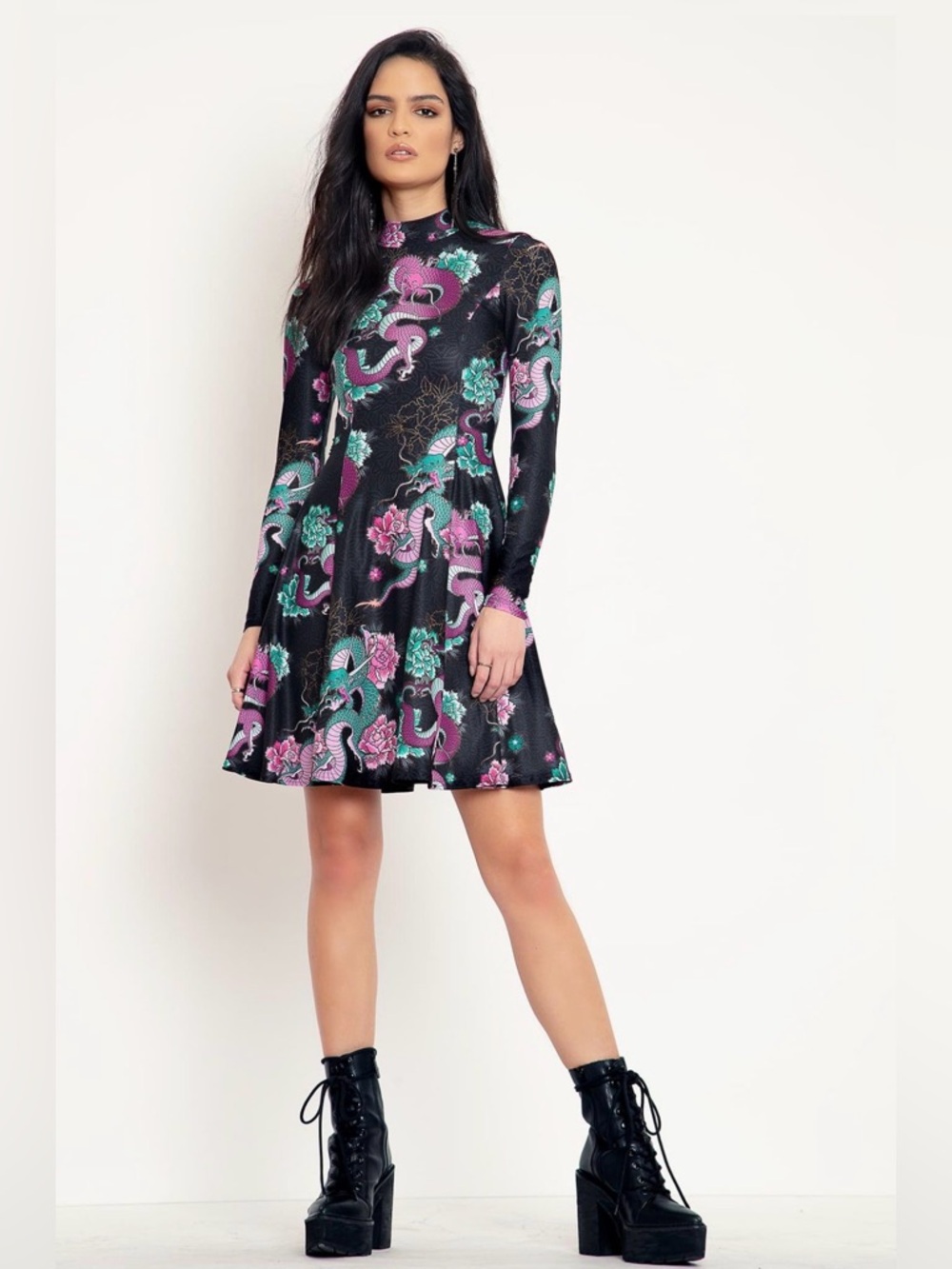 BlackMilk Long Sleeve Evil Longline Dress Dragon Bouquet Size S
